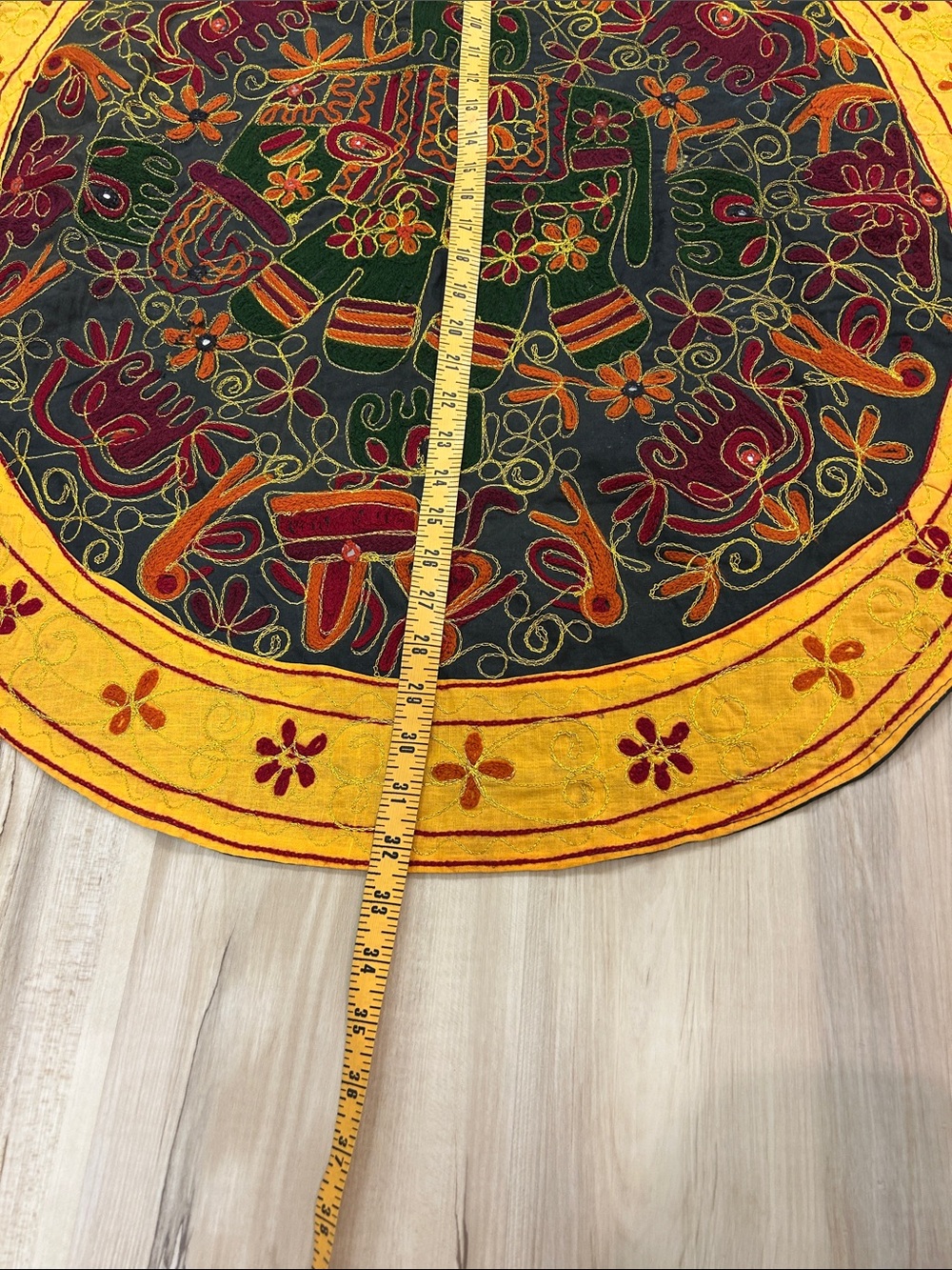 Handcrafted Yellow & Black Round Wall Hanging Tapestry & silk elephant print set image 2